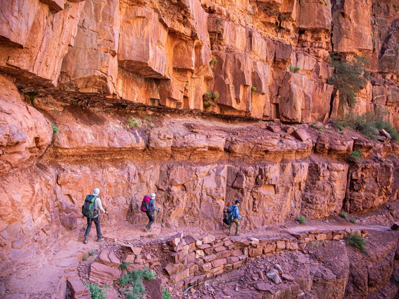 Three hikers walking through the grand canyon.