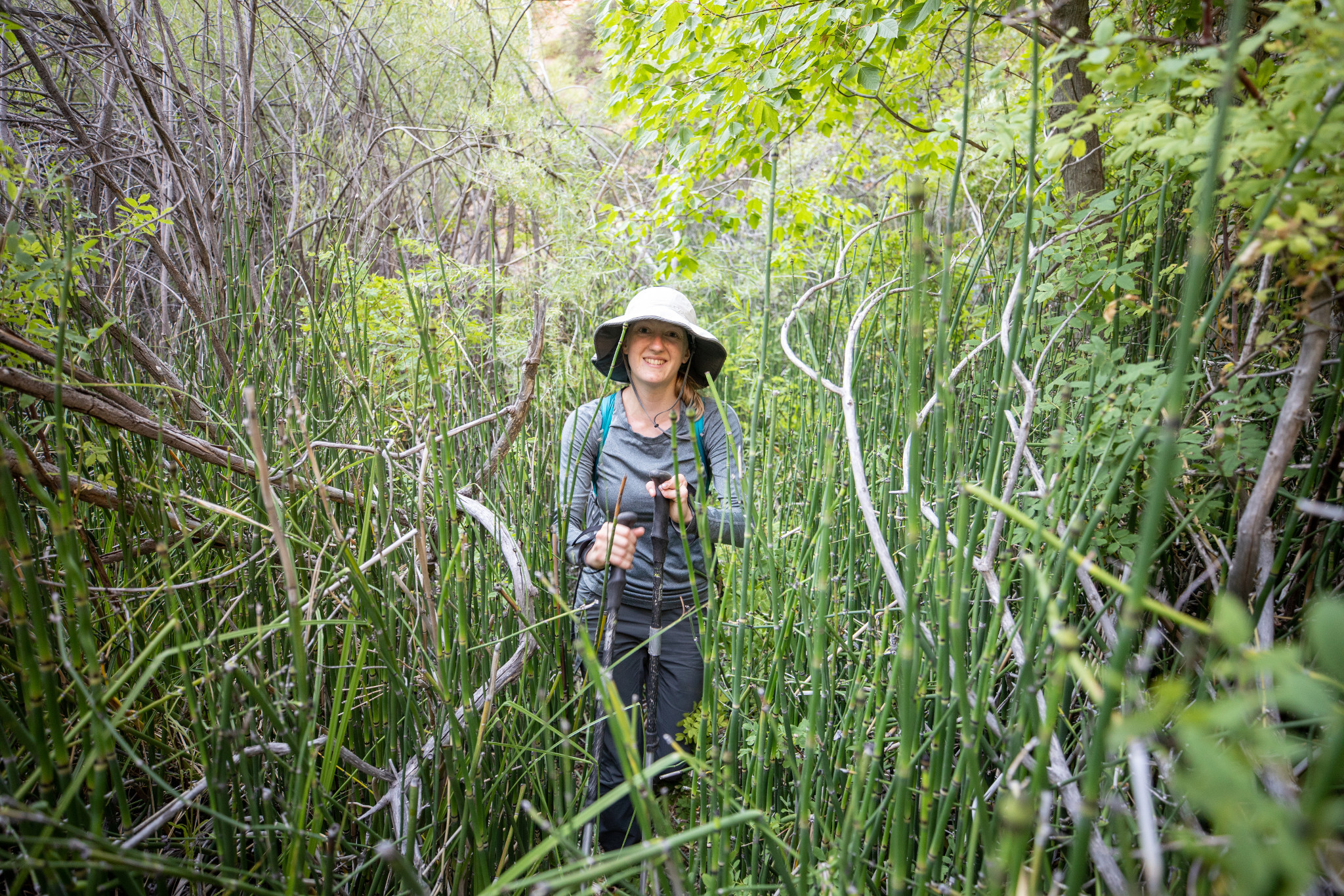 Student walking through tall grass.