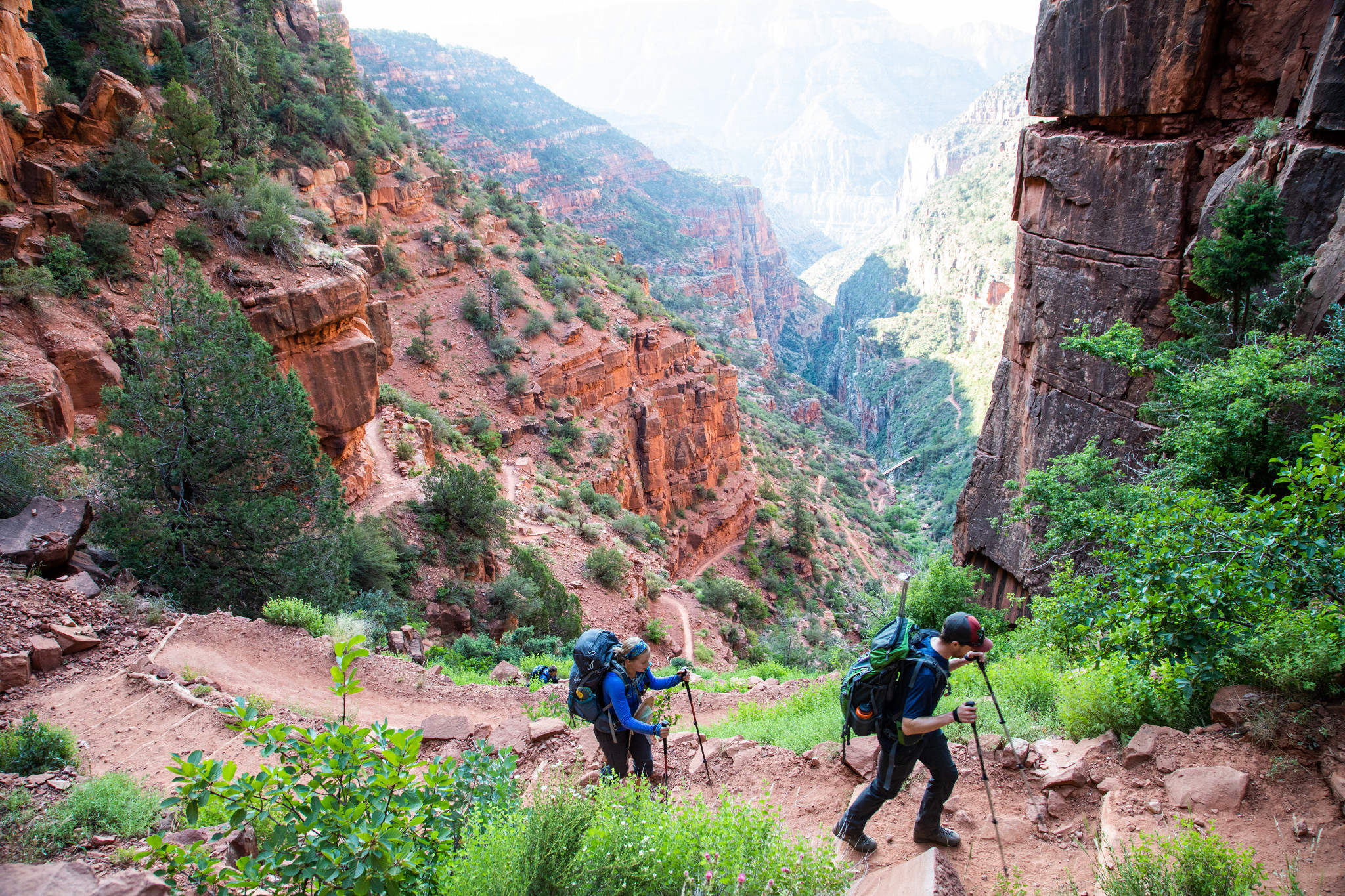 Two people hiking up the grand canyon.