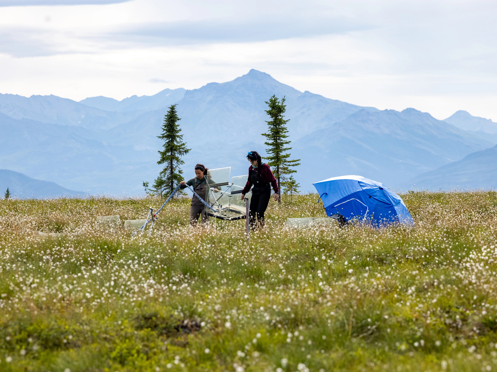 Two students working on an outdoor project.