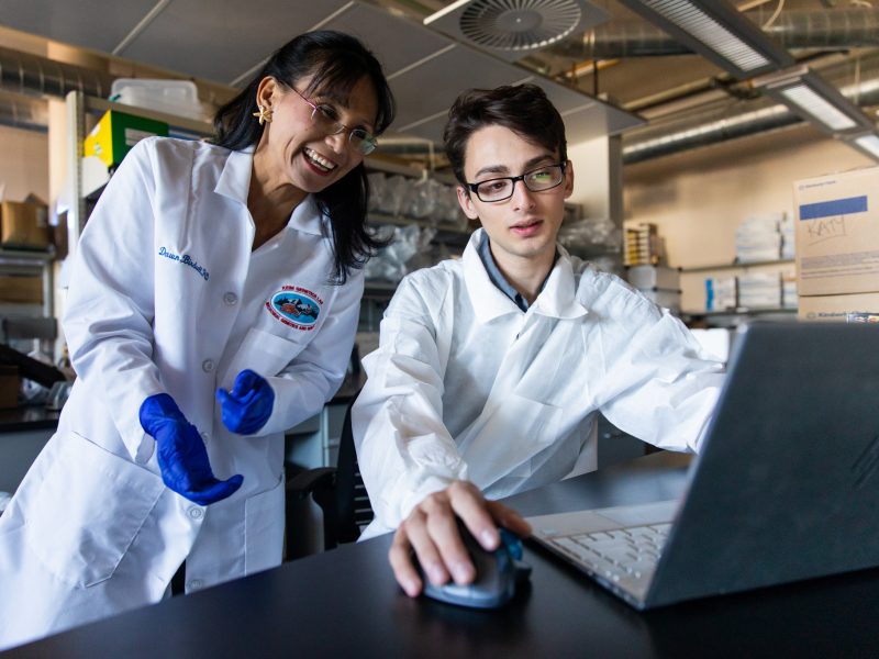 Two lab students looking at a laptop.