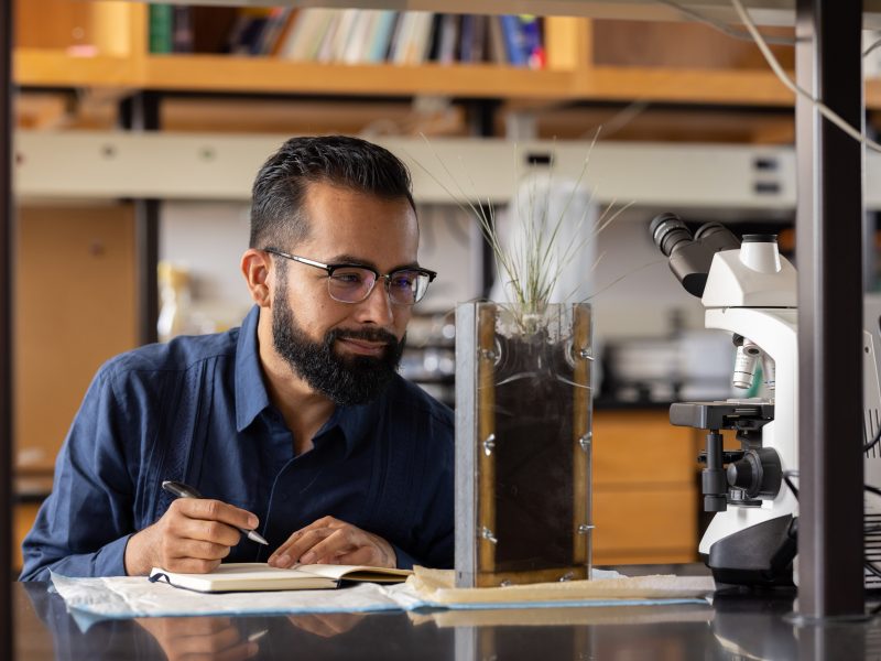 Javier navarro studying a soil sample.