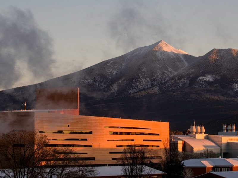 Overview of the N A U flagstaff campus during dusk.