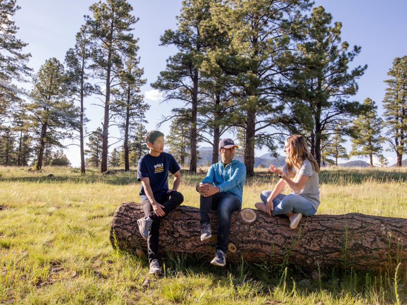 Students sitting and talking outdoors on a log at Buffalo Park.