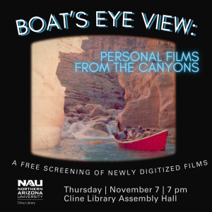 Boat's Eye View: Personal Films from the Canyons. A photo of red boat in a canyon.