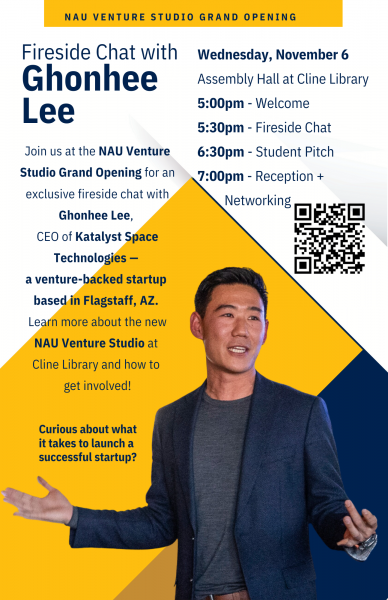 Venture Studio Grand Opening Flyer. Head shot of Ghonhee Lee. Other details in news item.