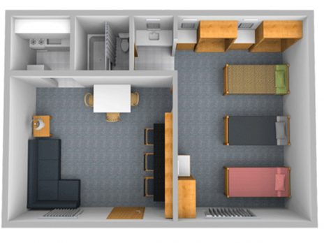 3D view of a triple room in Raymond Hall