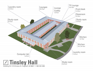 Tinsley Hall building layout with feature callouts