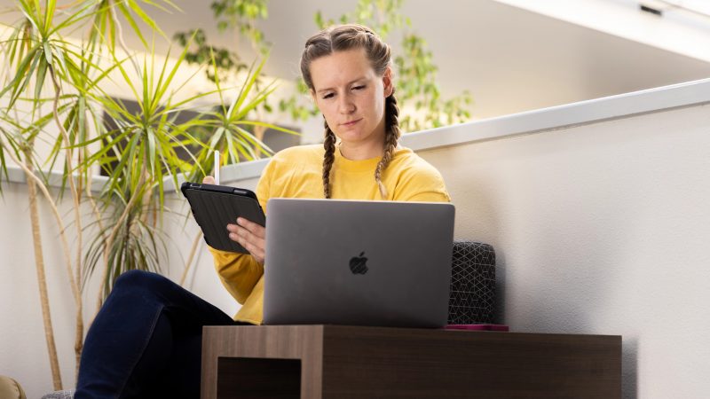 A nursing student at N A U attends class online.