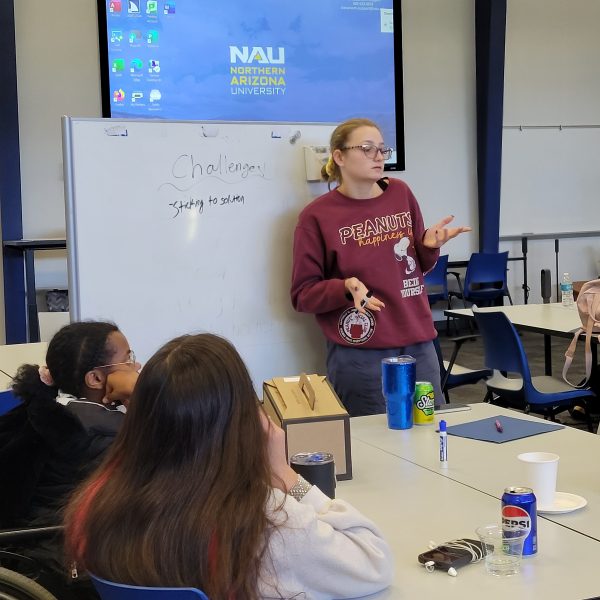 student presenting to other students standing with a marker in front of a whiteboard