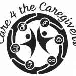 Care 4 the Caregivers logo includes a circle with images of 2 people dancing in the center with icons of a wheel chair, DNA symbol, eye, infinity sigh, ear, and brain around them