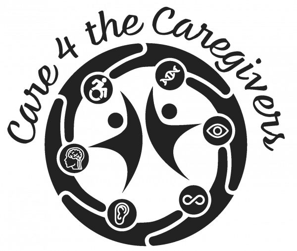 Care 4 the Caregivers logo includes a circle with images of 2 people dancing in the center with icons of a wheel chair, DNA symbol, eye, infinity sigh, ear, and brain around them