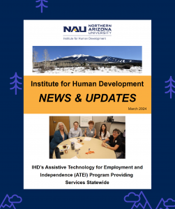 Thumbnail image shows a newsletter cover page that says Institute for Human Development News & Updates and shows a picture of mountains and another picture of a group sitting around a round table