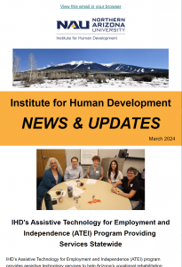 Thumbnail image shows a newsletter cover page that says Institute for Human Development News & Updates and shows a picture of mountains and another picture of several people sitting around a round table