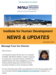 Thumbnail image shows a newsletter cover page that says Institute for Human Development News & Updates and shows a picture of mountains and another picture of a woman with dark hair smiling