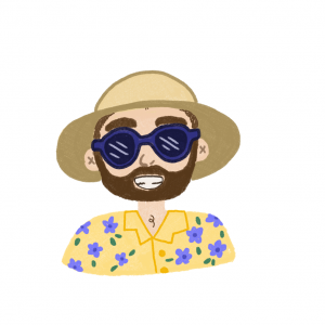 Louie in a sun hat, sunglasses, and Hawaiian shirt.