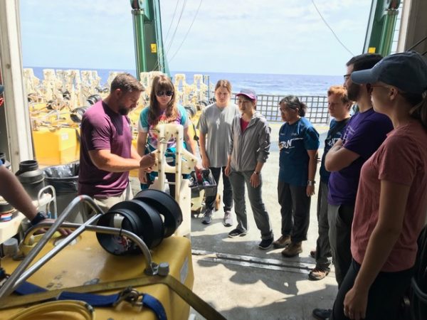 Researchers on boat inspecting research tools and material
