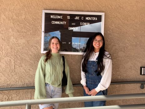 Raechel and Amanda stand outside the Montoya Center in Flagstaff after playing Bingo with patrons of the center.