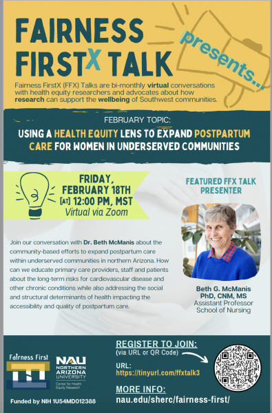 Flyer for the Fairness Firstx Talk on Feb. 18 at noon. titled, "Using a Health Equity Lens to Expand Postpartum Care for Women in Underserved Communities.