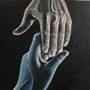 painted image of a light hand reacing down and darker hand reaching up against a solid black background. Hands are center and nearlly fill the image area with wrists out of the picture frome