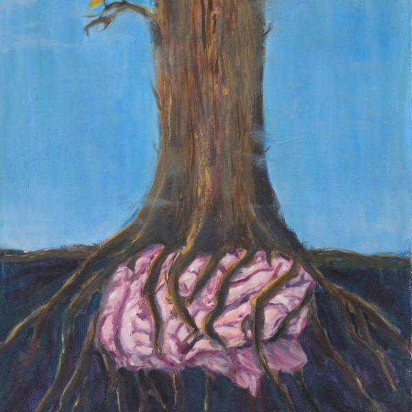 Image of tree trunck against a blue sky with underground tree roots wrapped around a brain.