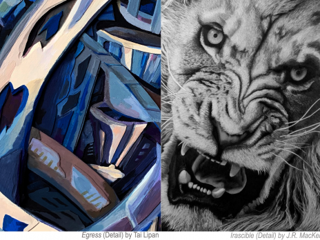 Two image details of the artwork. “Egess,” a blue, dynamic abstract painting by Lipan, and “Irascribal,” a grayscale drawing of a Lion head by MacKenzie.
