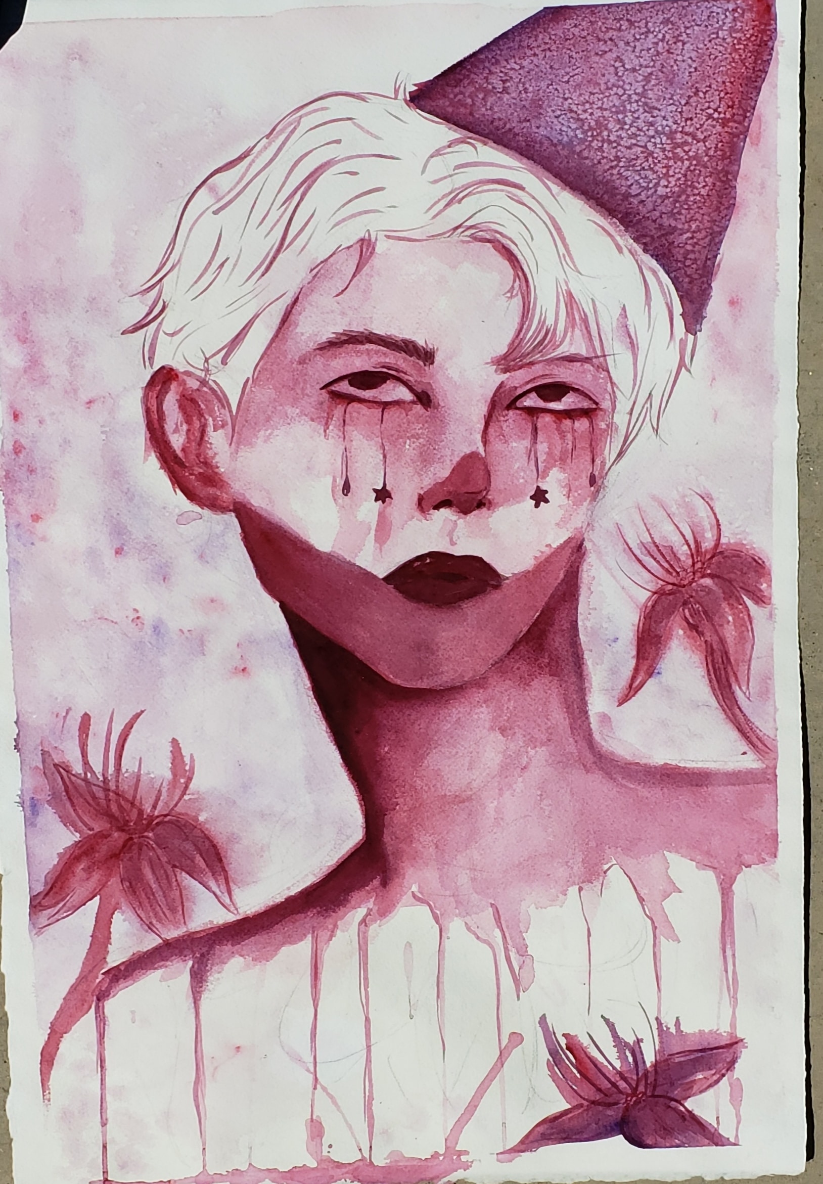photo illistration of a painting - Clownery, Adrianna Vasquez Melero. 2020. Watercolor. Image courtesy of the Artist.