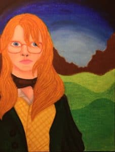 Lord of the Rings Self Portrait, oil pastels, 2019. Portrait with landscape