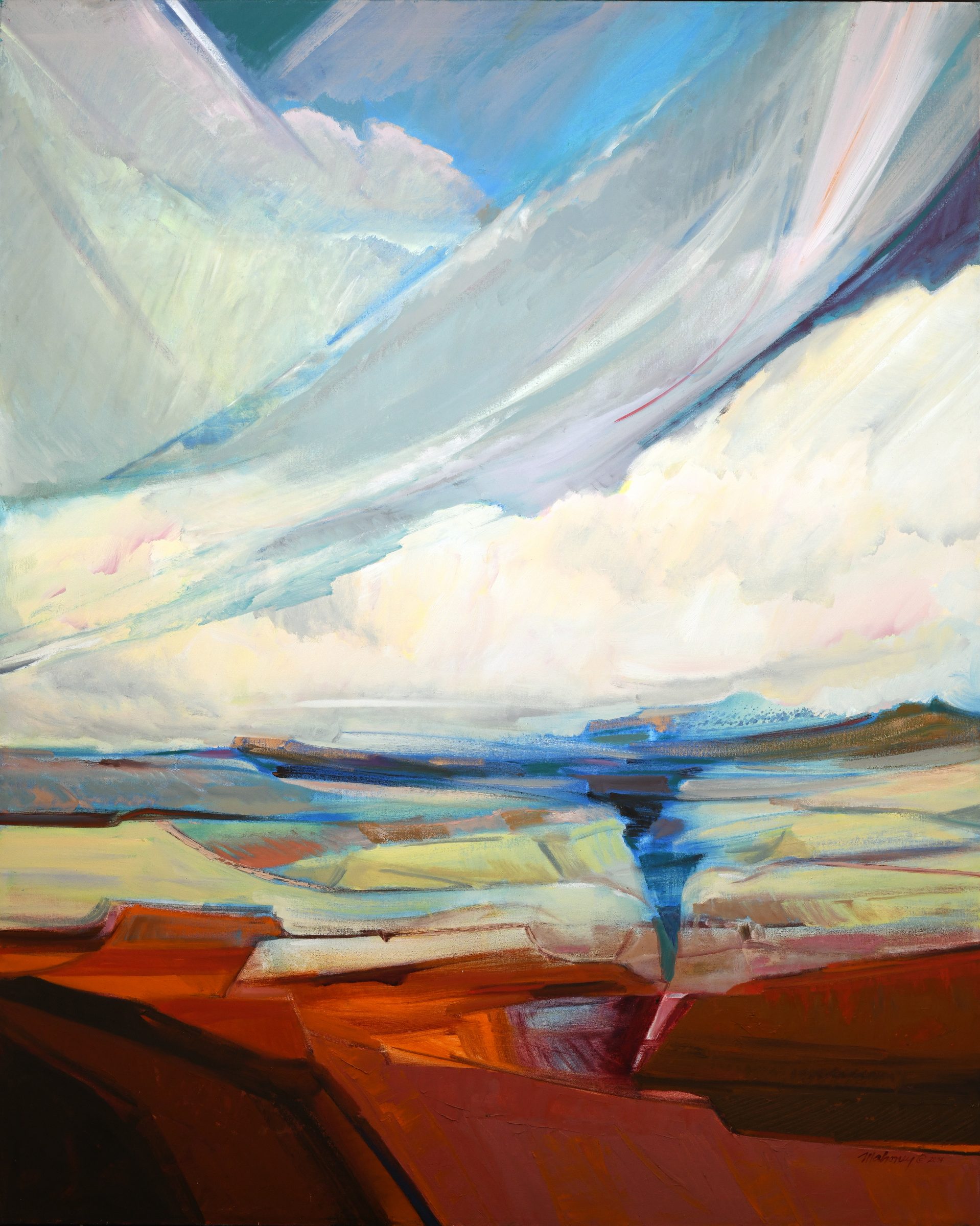 Joella Jean mahoney's Rift Canyon painting - red orange cliffs beneith a sweeping blue/turquoise sky with clouds