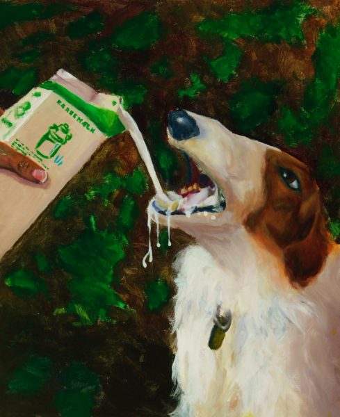 Painting of a Dog Drink Milk (2020). acrylic, 16.5 x 20.5 in.