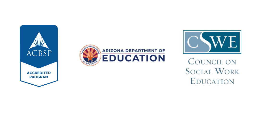 Logos of NAU–Yuma accreditations: CSWE, ACBSP, and the AZ Dep of Education