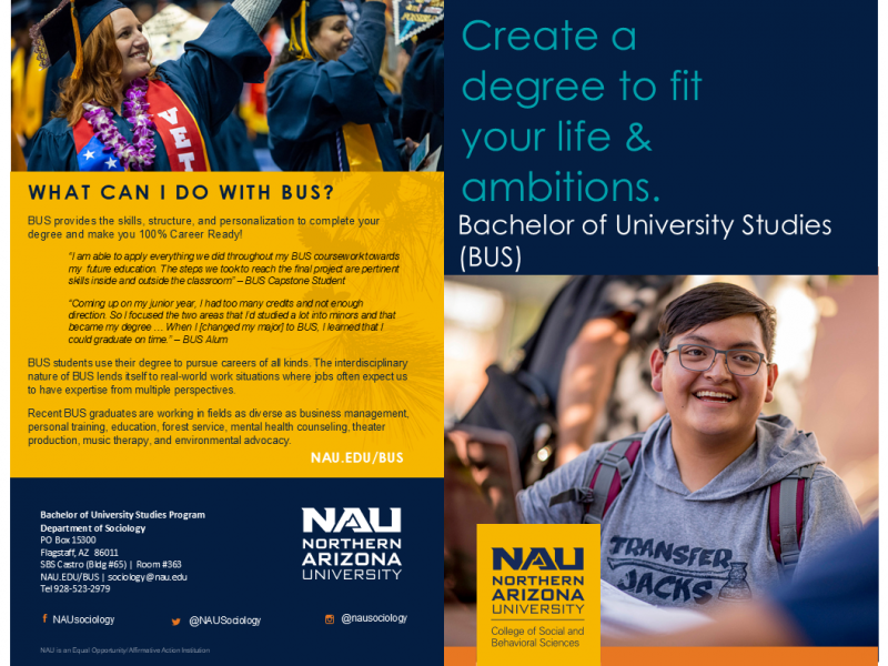 Flyer in gold and navy blue with program information. Left top corner are students in graduation gowns smiling, right corner is student male smiling