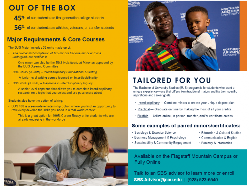 Flyer in gold and navy blue with program information. Left bottom corner female sits at desk looking down to write, top right corner is man smiling holding a child against blue backdrop